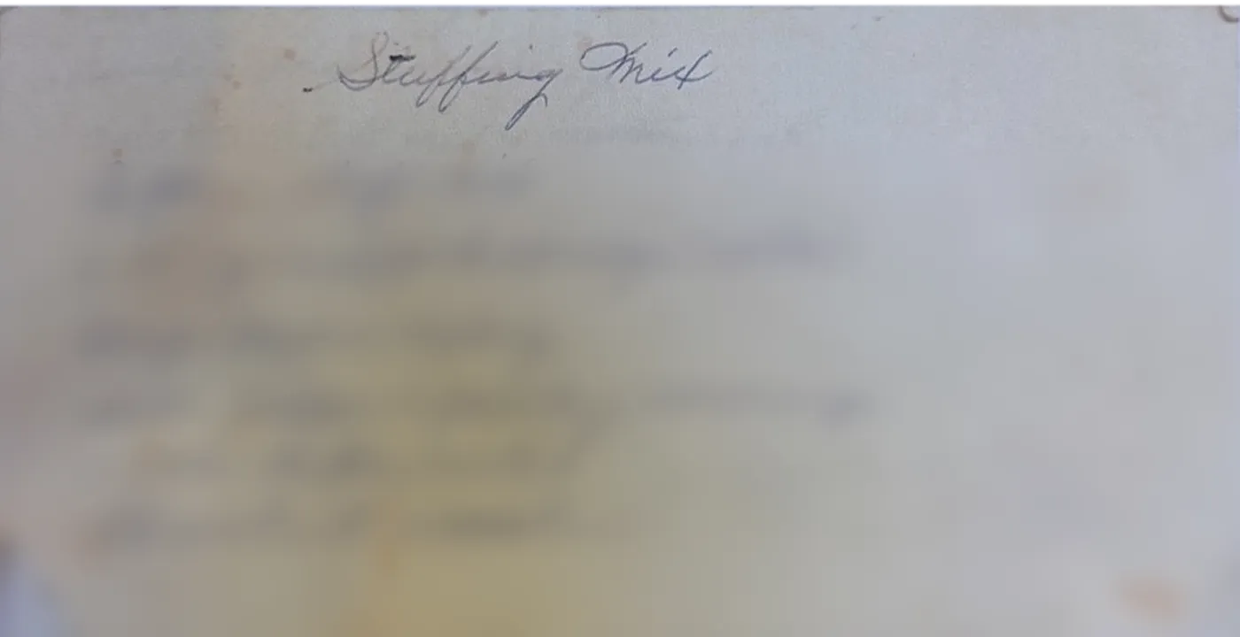 The original handwritten recipe card for Stuffing Mix, in cursive on an old stained index card.